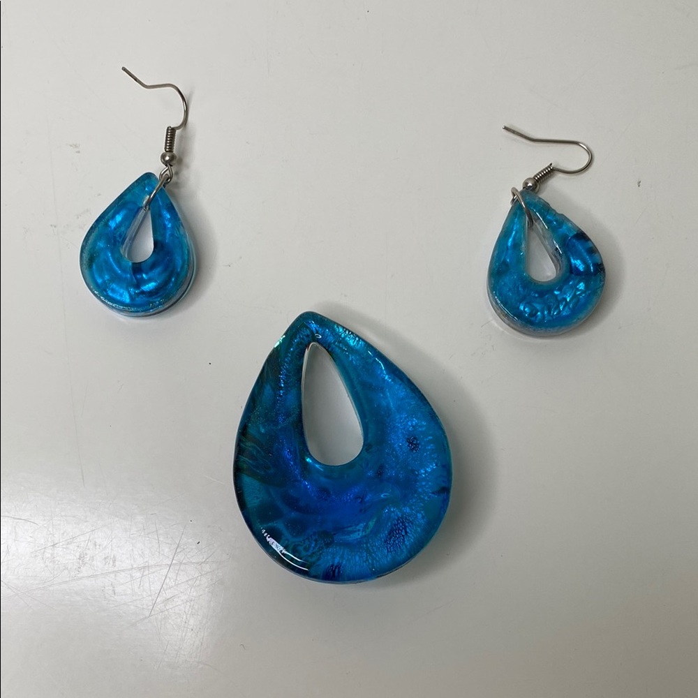 Millefiori Glass Pendant and Earrings Set Blue with Silver Open Teardrop Donut‎ - Picture 4 of 8